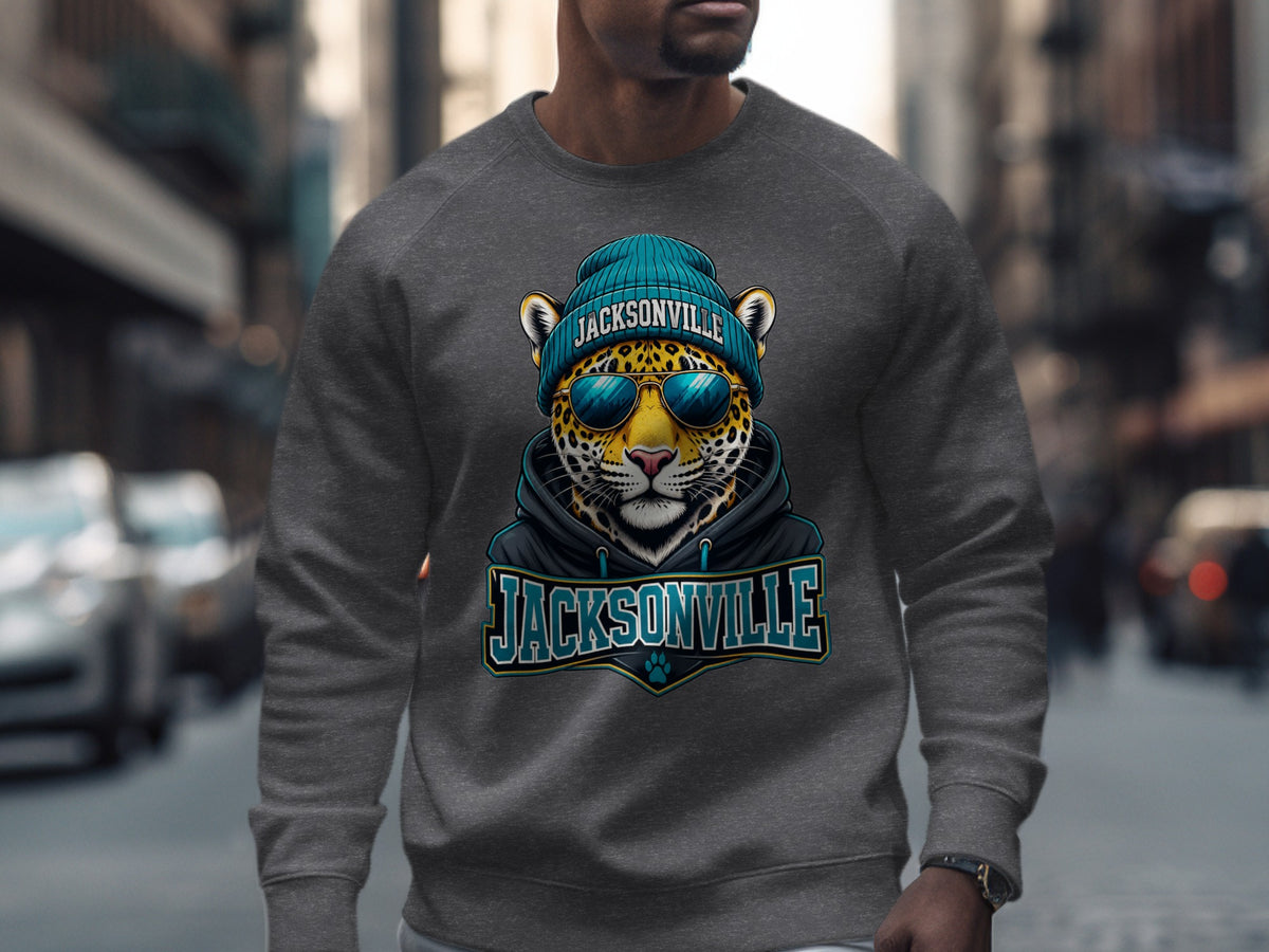 Dark grey sweatshirt with a graphic of a leopard wearing a beanie and sunglasses with "Jacksonville" text.