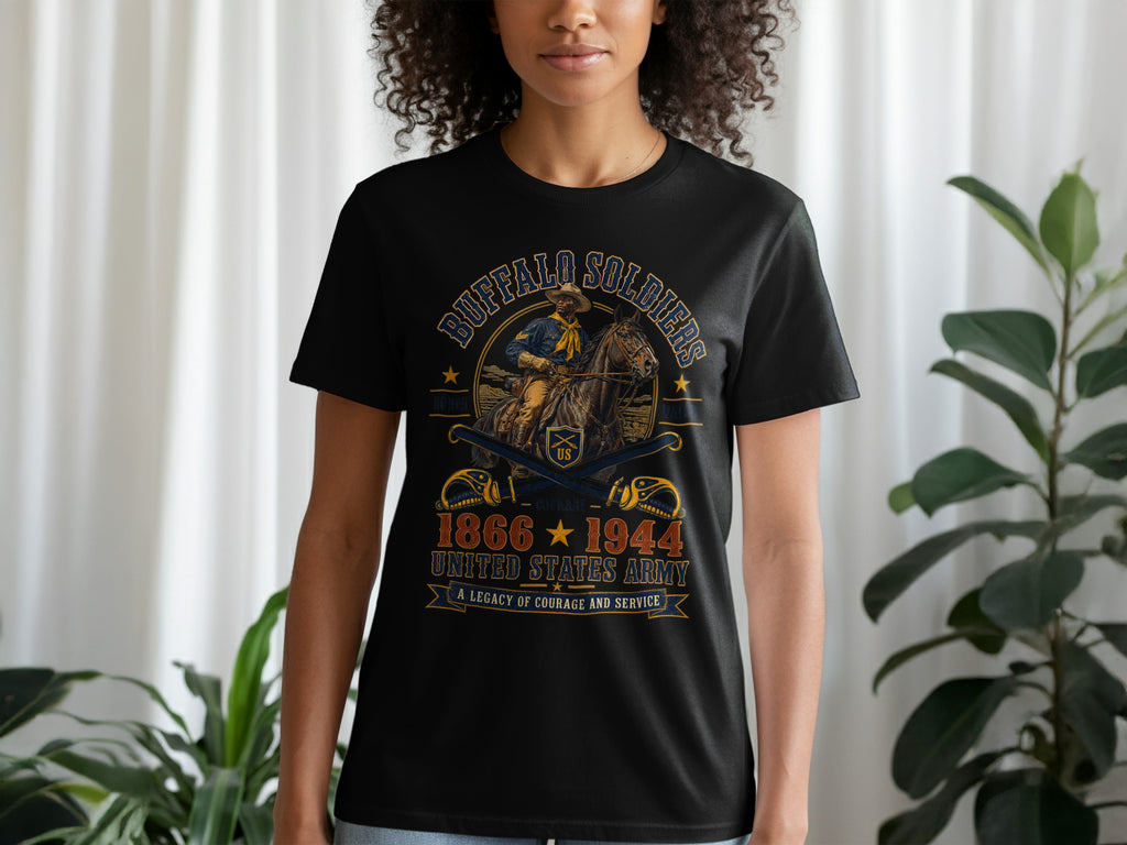Black t-shirt graphic with Buffalo Soldiers, US Army 1866-1944.