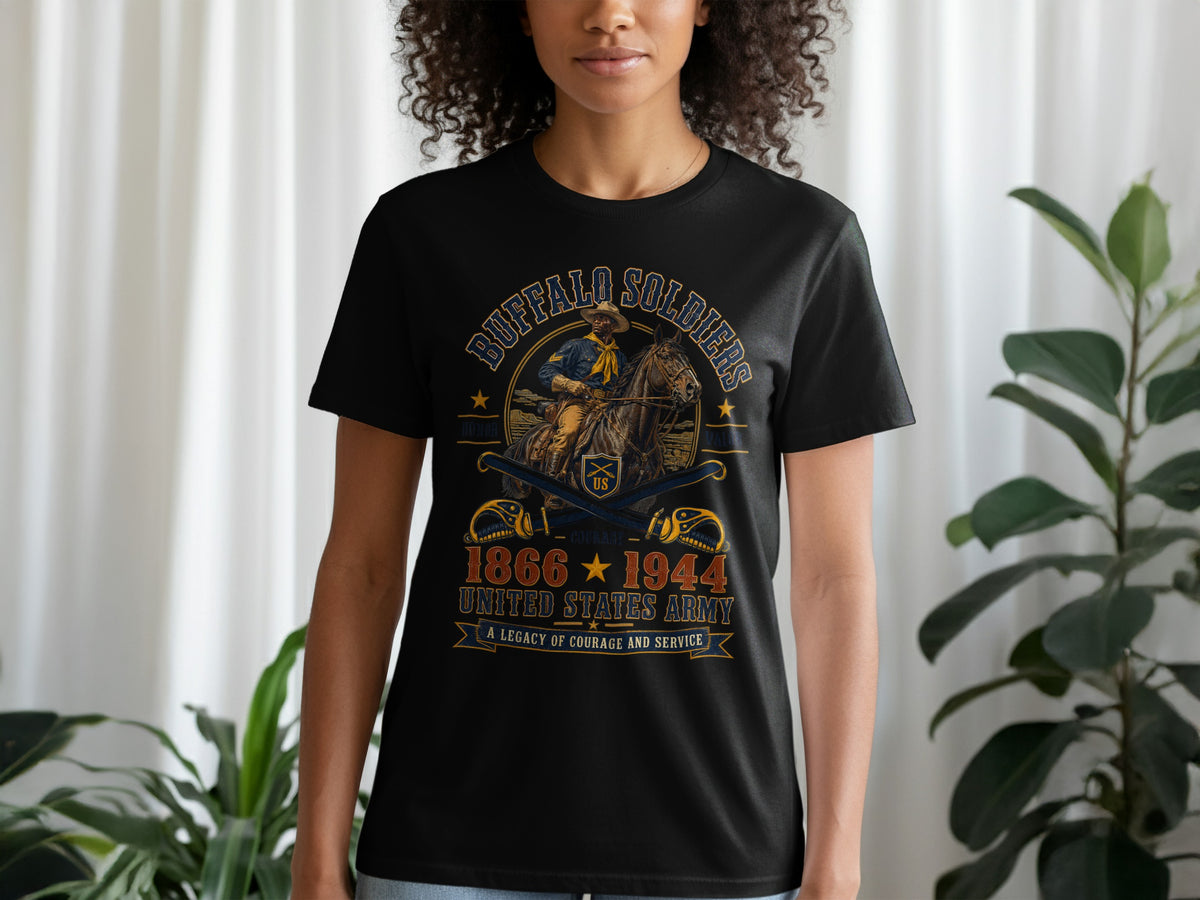 Black t-shirt graphic with Buffalo Soldiers, US Army 1866-1944.
