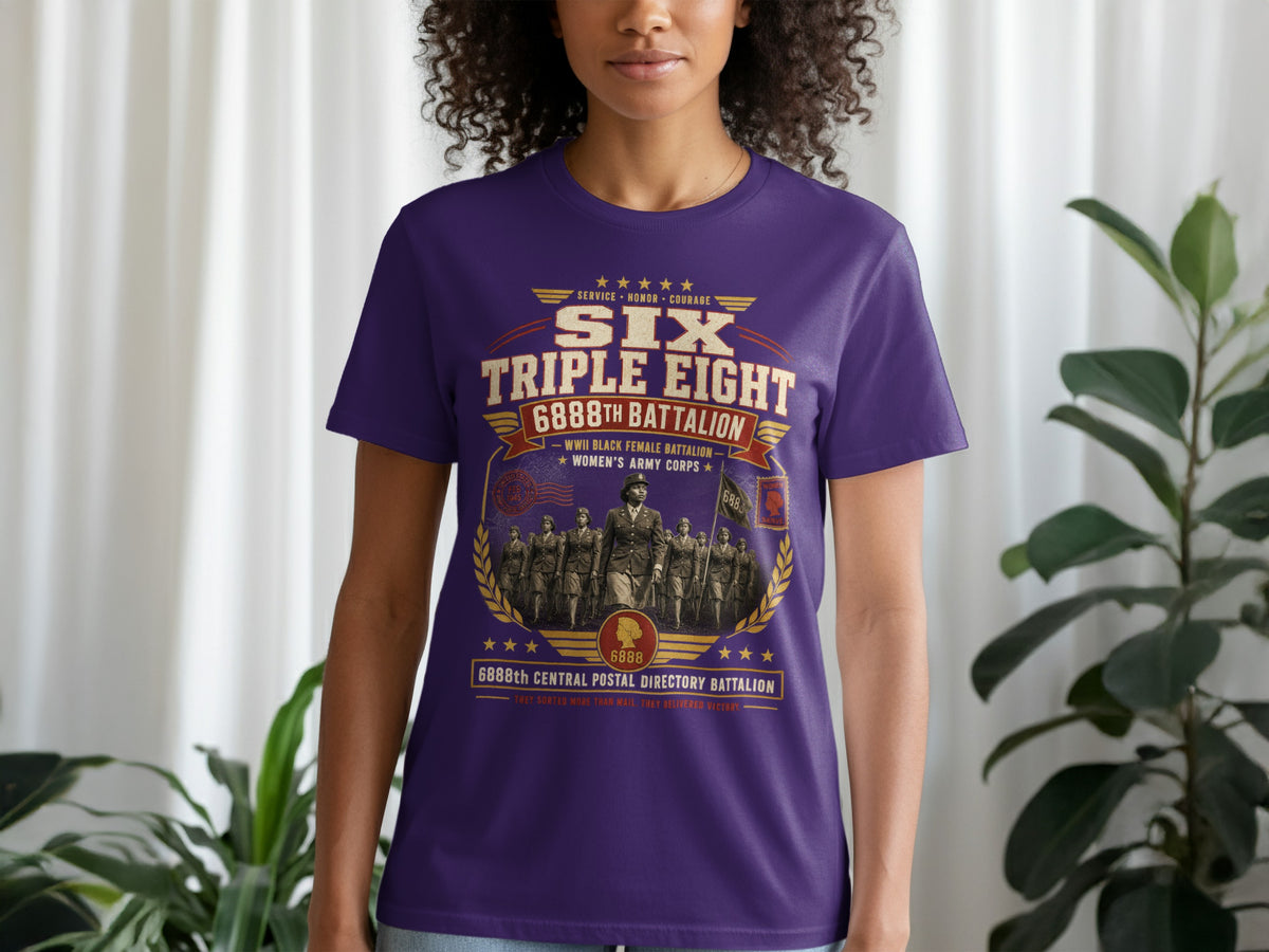 Purple t-shirt with Six Triple Eight 6888th Battalion WWII Black Female Army Corps design.