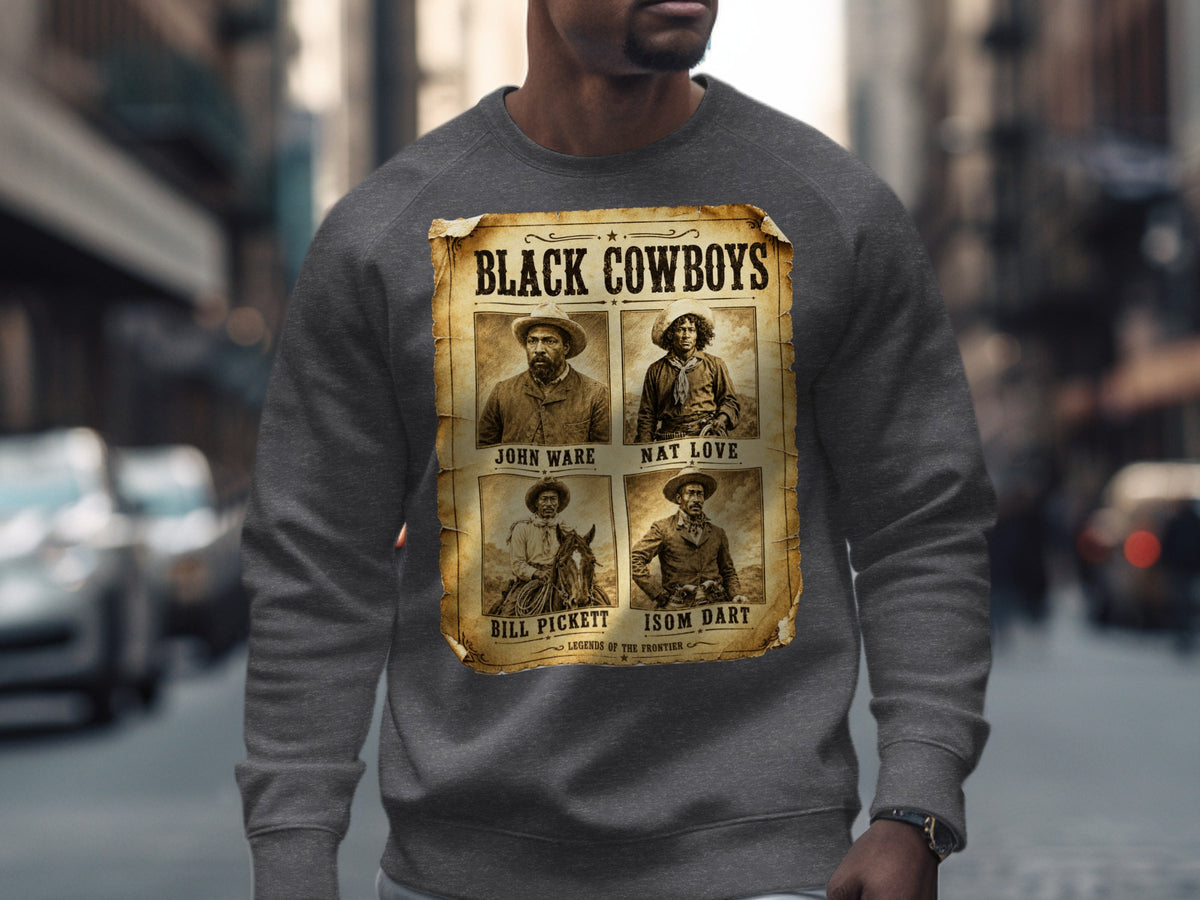 Black Cowboys poster featuring John Ware, Nat Love, Bill Pickett, and Isom Dart.