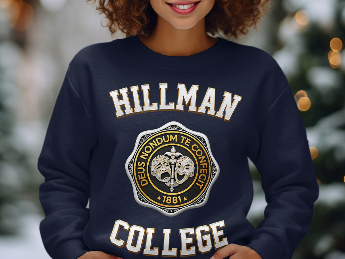 Navy sweatshirt with "Hillman College" and college crest featuring masks and "1881".