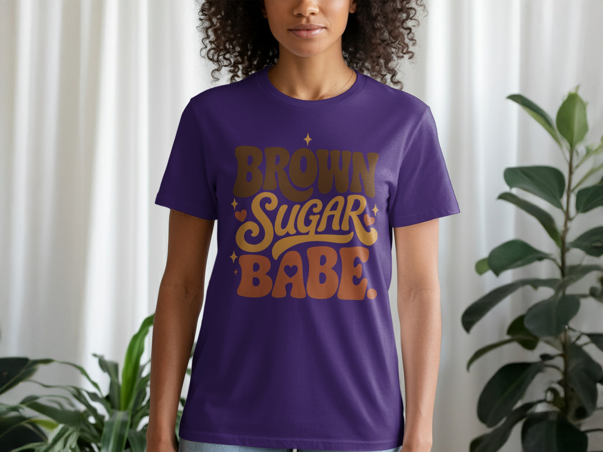 Purple t-shirt with brown and gold text reading "BROWN SUGAR BABE".