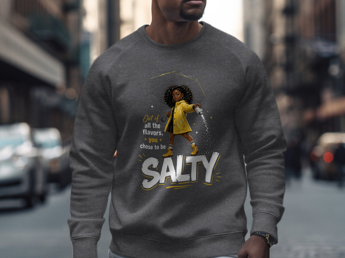 Salty graphic with a girl holding a salt shaker under a yellow umbrella.