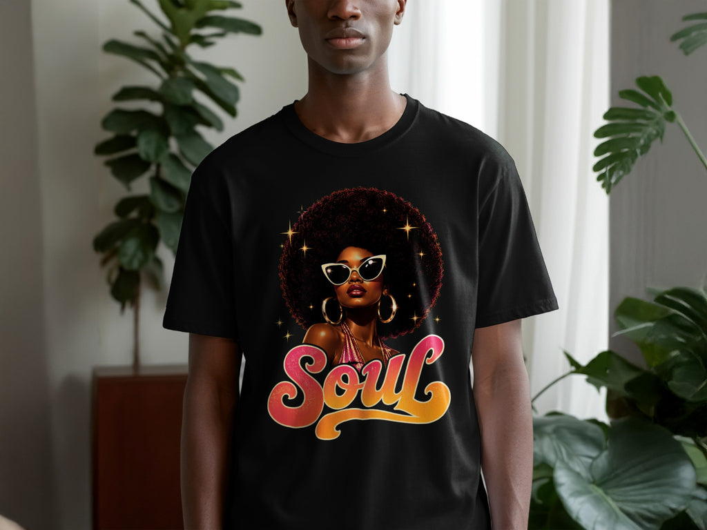 Black t-shirt with a graphic of a woman with an afro and sunglasses, and the word "Soul".
