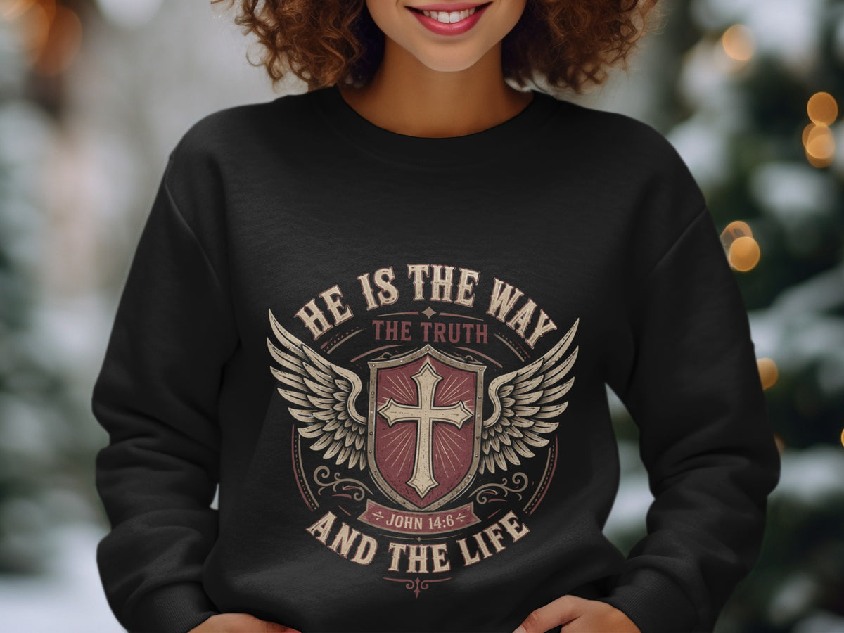 Black sweatshirt with shield, wings, cross, and text "He is the Way, the Truth, and the Life, John 14:6".
