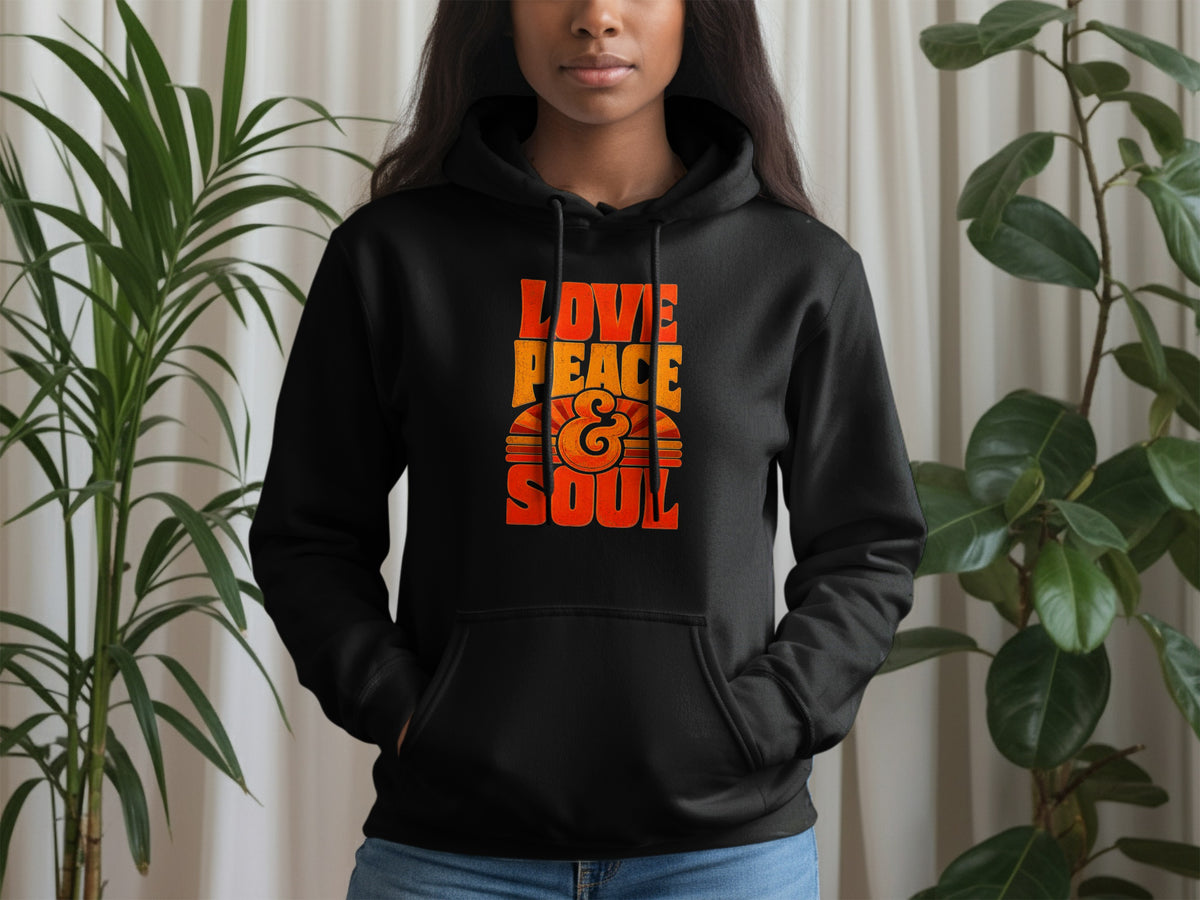 Black hoodie with retro "Love Peace & Soul" graphic and sun.