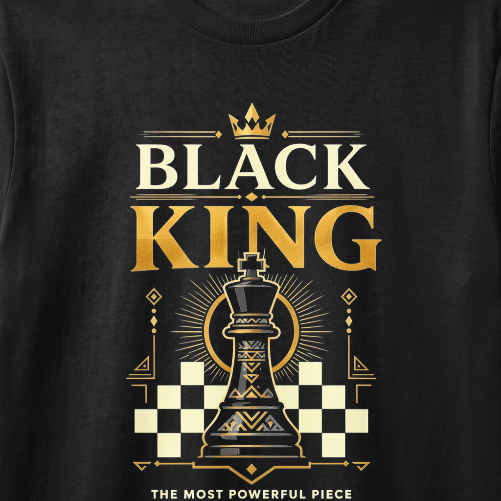 Black King chess piece graphic with crown, gold accents, and text.