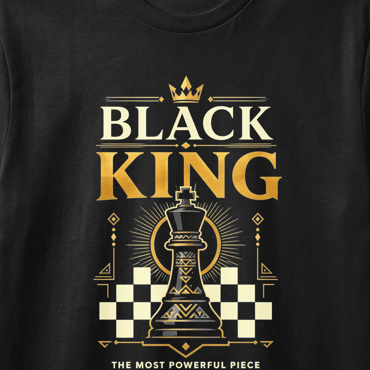 Black King chess piece graphic with crown, gold accents, and text.