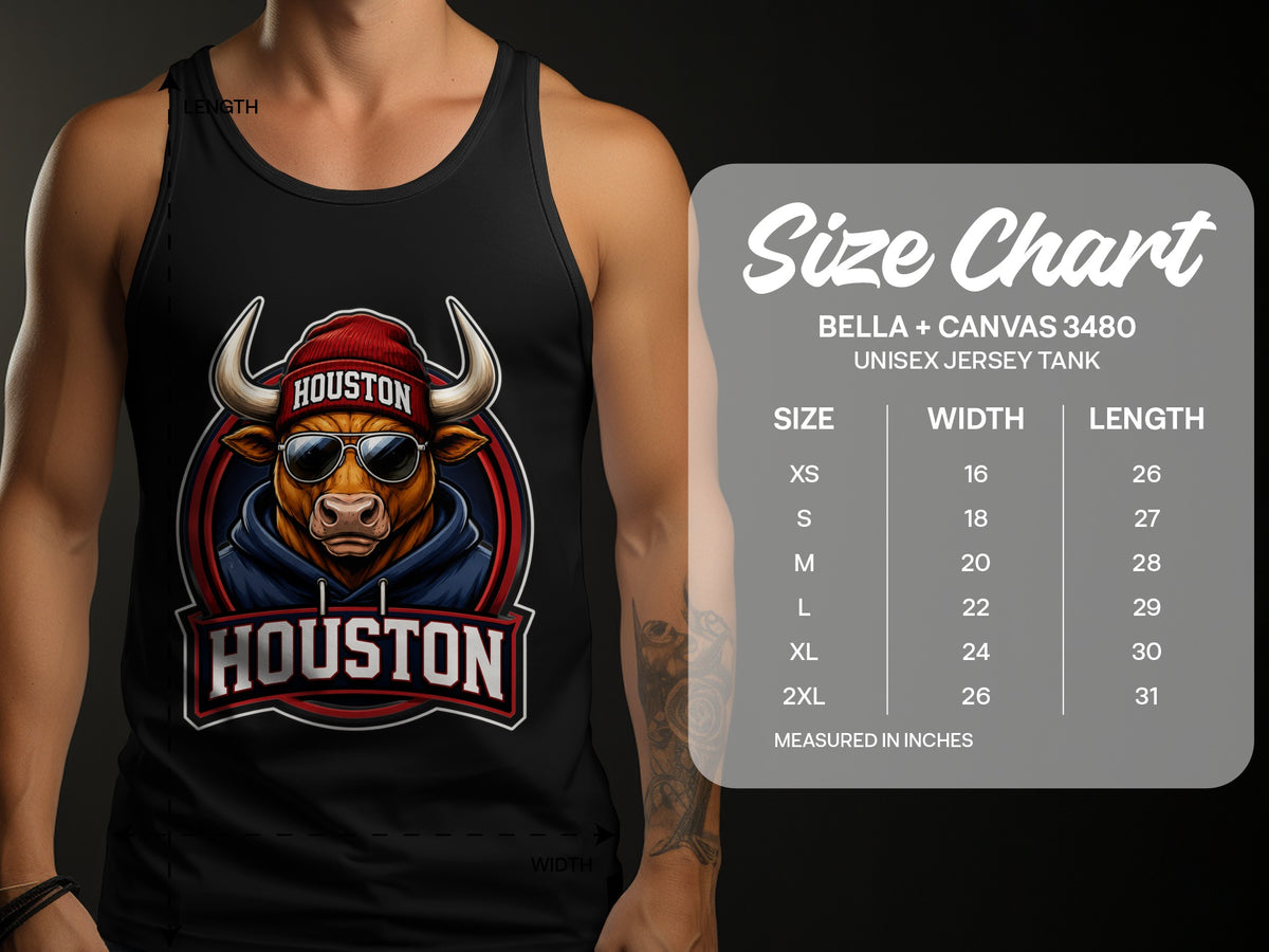 Black tank top with bull graphic and Houston text, size chart included.