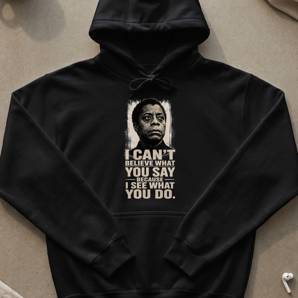 Black hoodie with a portrait and quote by James Baldwin.