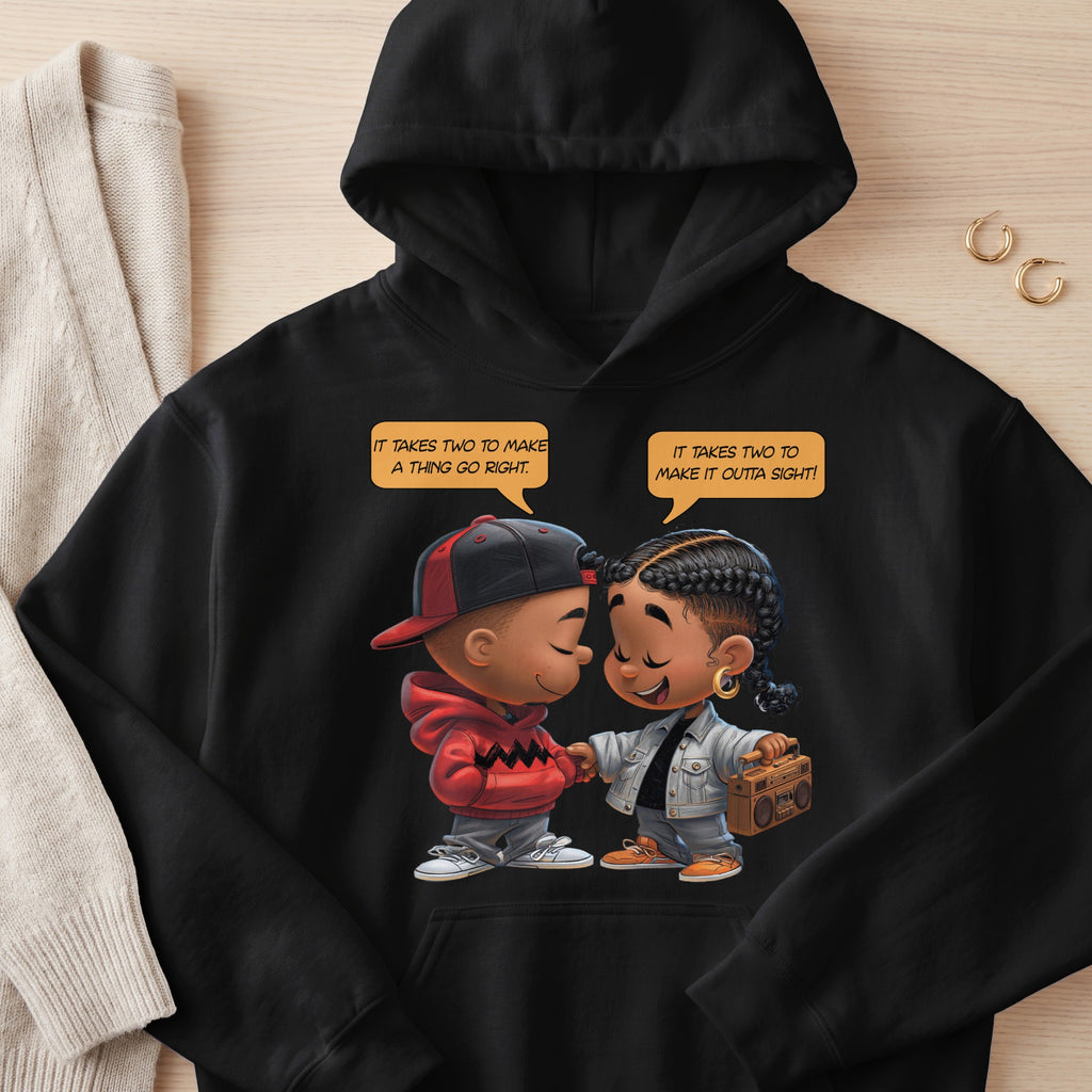 Black hoodie with cartoon children holding hands and speech bubbles with text.