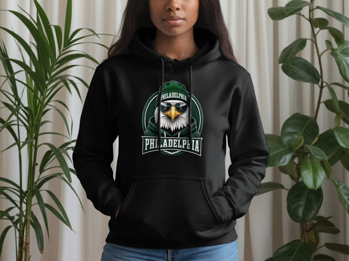 Black hoodie with eagle graphic wearing beanie and sunglasses, text "PHILADELPHIA".
