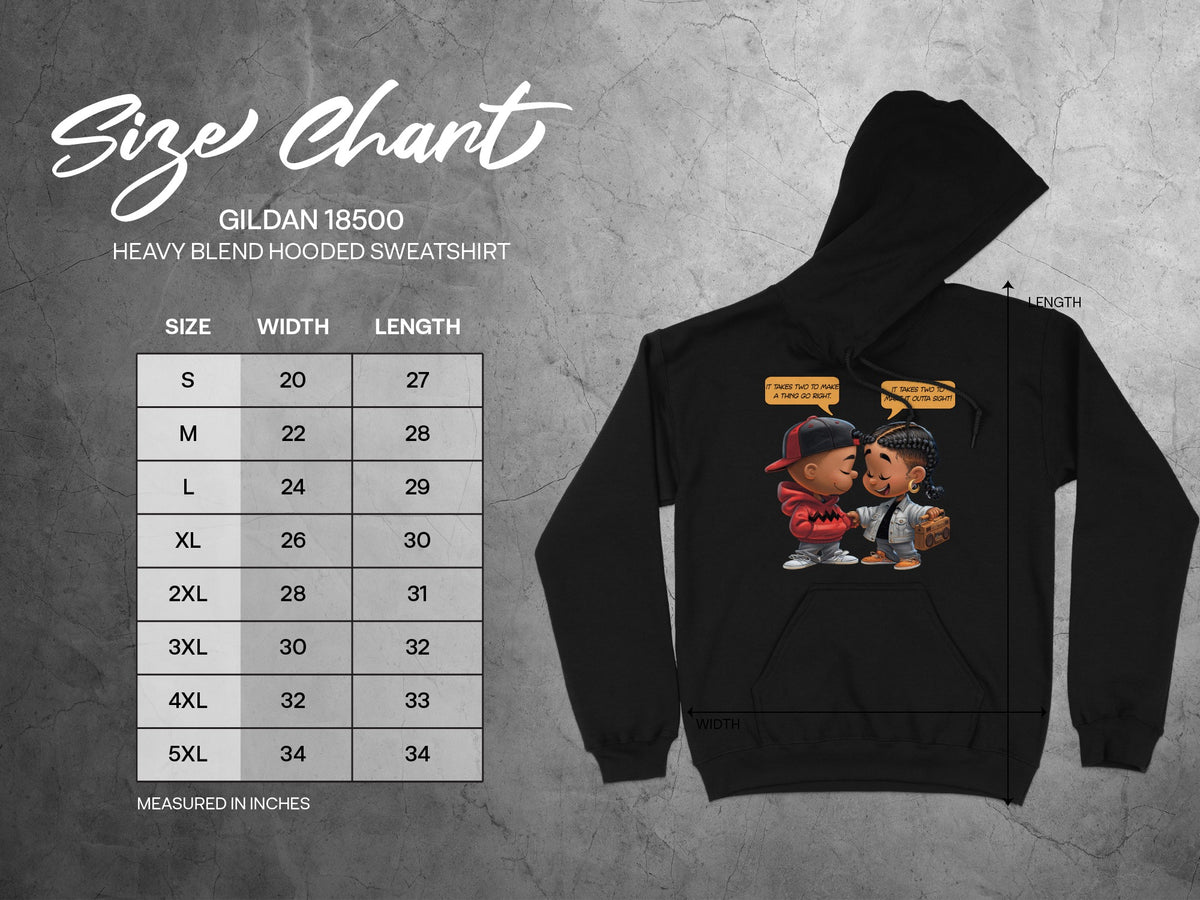 Gildan 18500 hooded sweatshirt size chart with width and length measurements.
