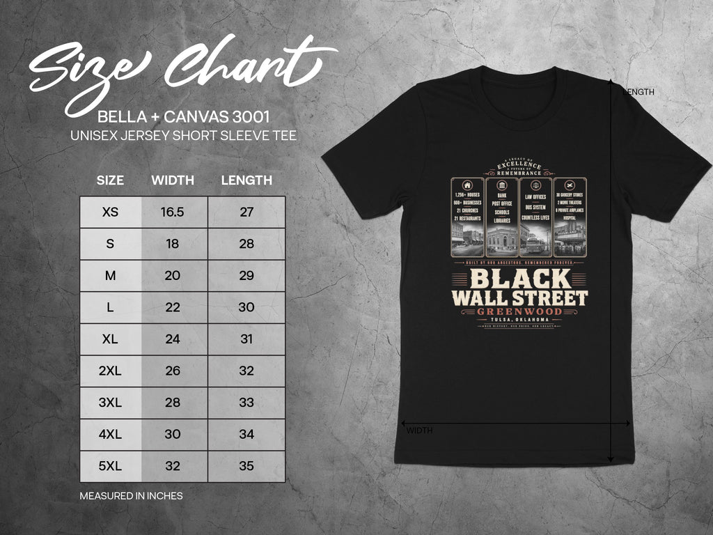 Bella + Canvas 3001 size chart and black t-shirt with Black Wall Street Greenwood design.