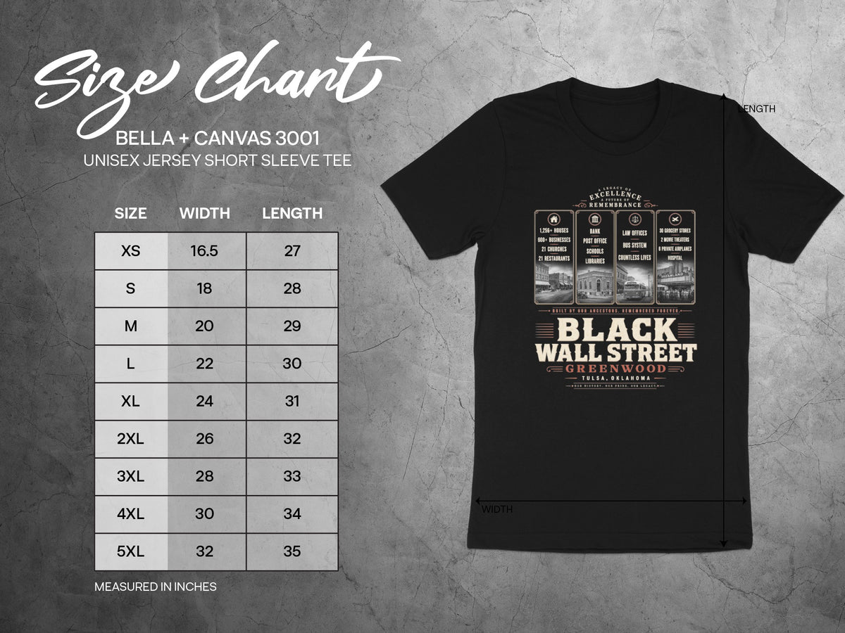 Bella + Canvas 3001 size chart and black t-shirt with Black Wall Street Greenwood design.