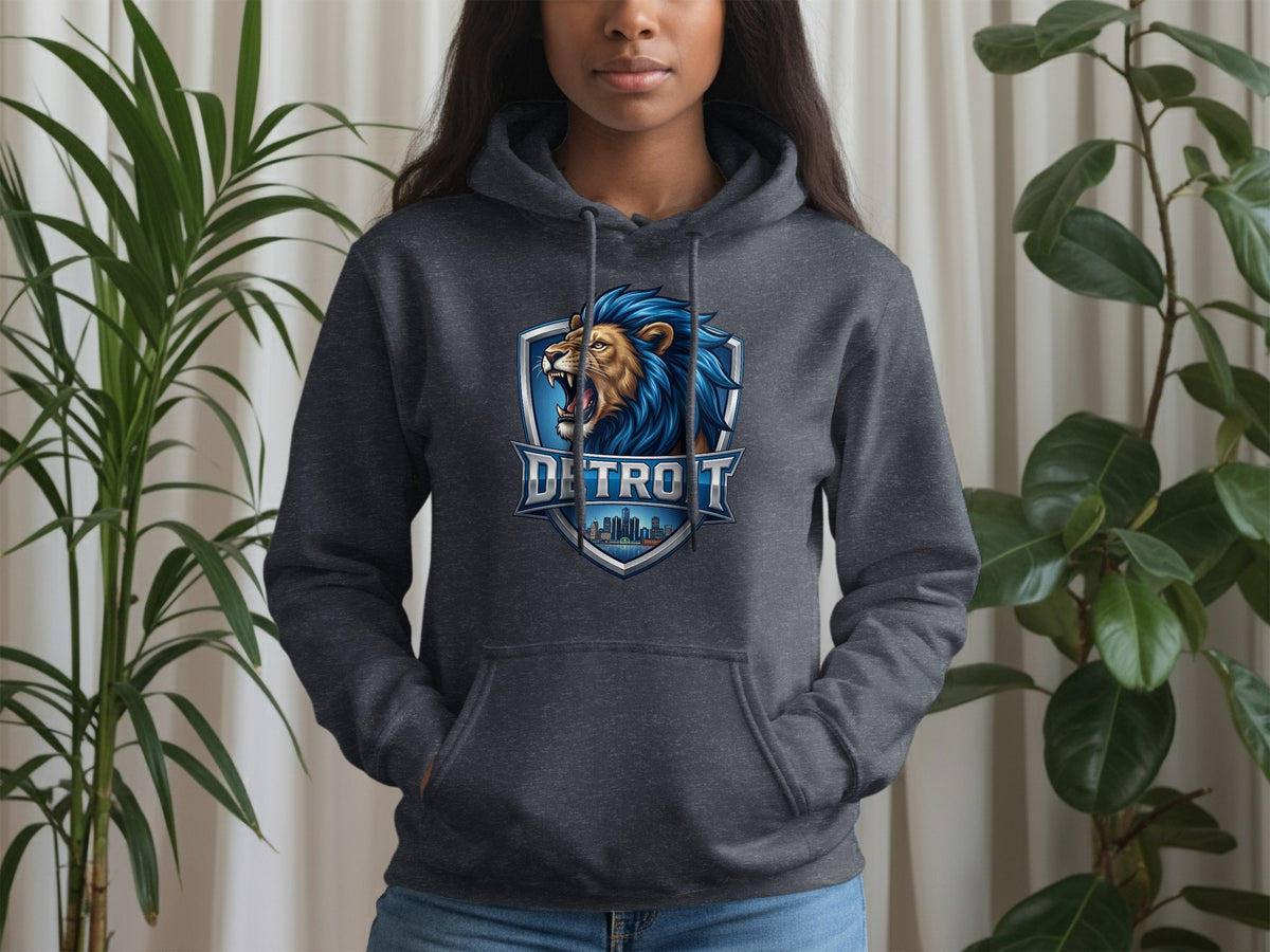 Dark grey hoodie with a shield graphic featuring a lion and "Detroit" text.