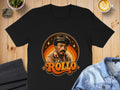 Black t-shirt with retro graphic of a man and the text "ROLLO".