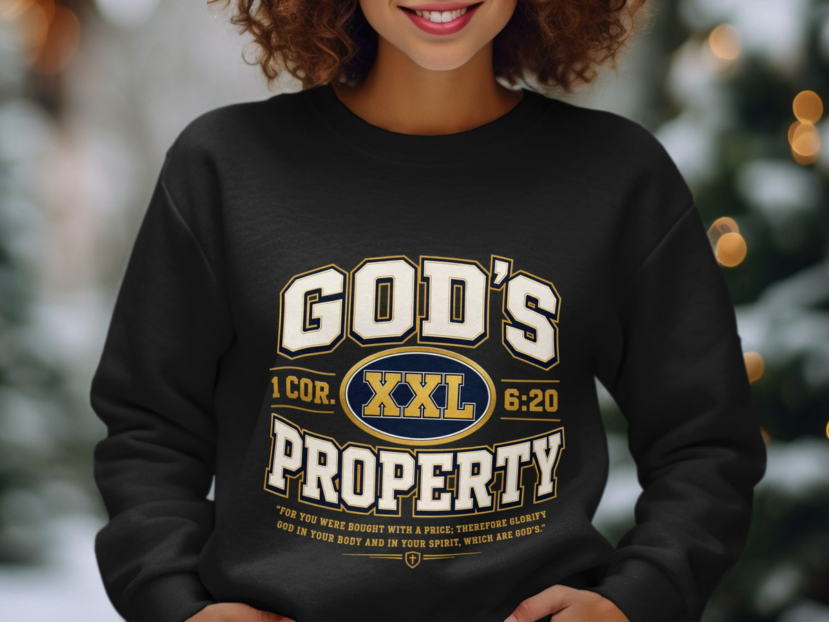 Black sweatshirt with "GOD'S PROPERTY" text, 1 Corinthians 6:20, and Bible verse.