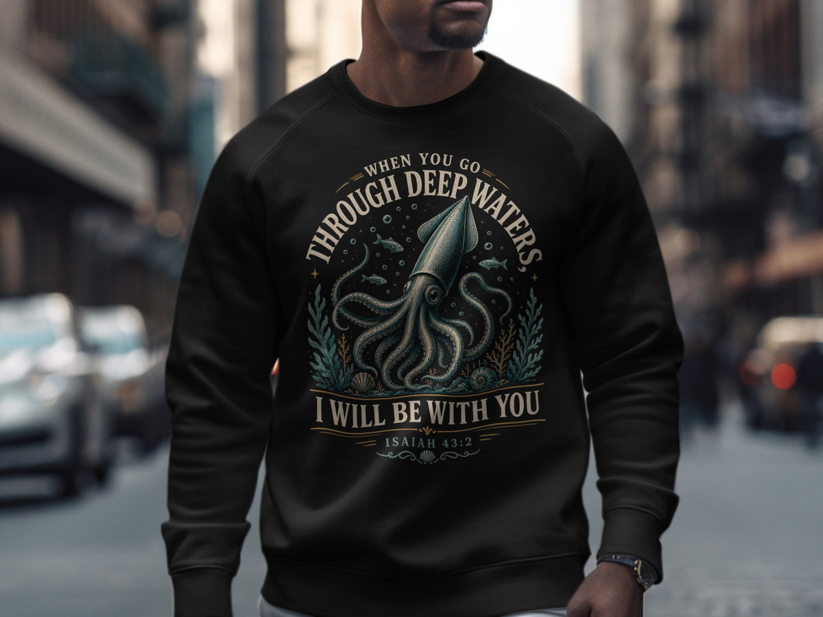 Black sweatshirt with a squid graphic and text reading "When you go through deep waters, I will be with you Isaiah 43:2".