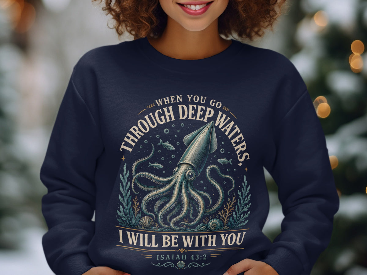 Navy sweatshirt with a squid graphic and text "When You Go Through Deep Waters, I Will Be With You Isaiah 43:2."