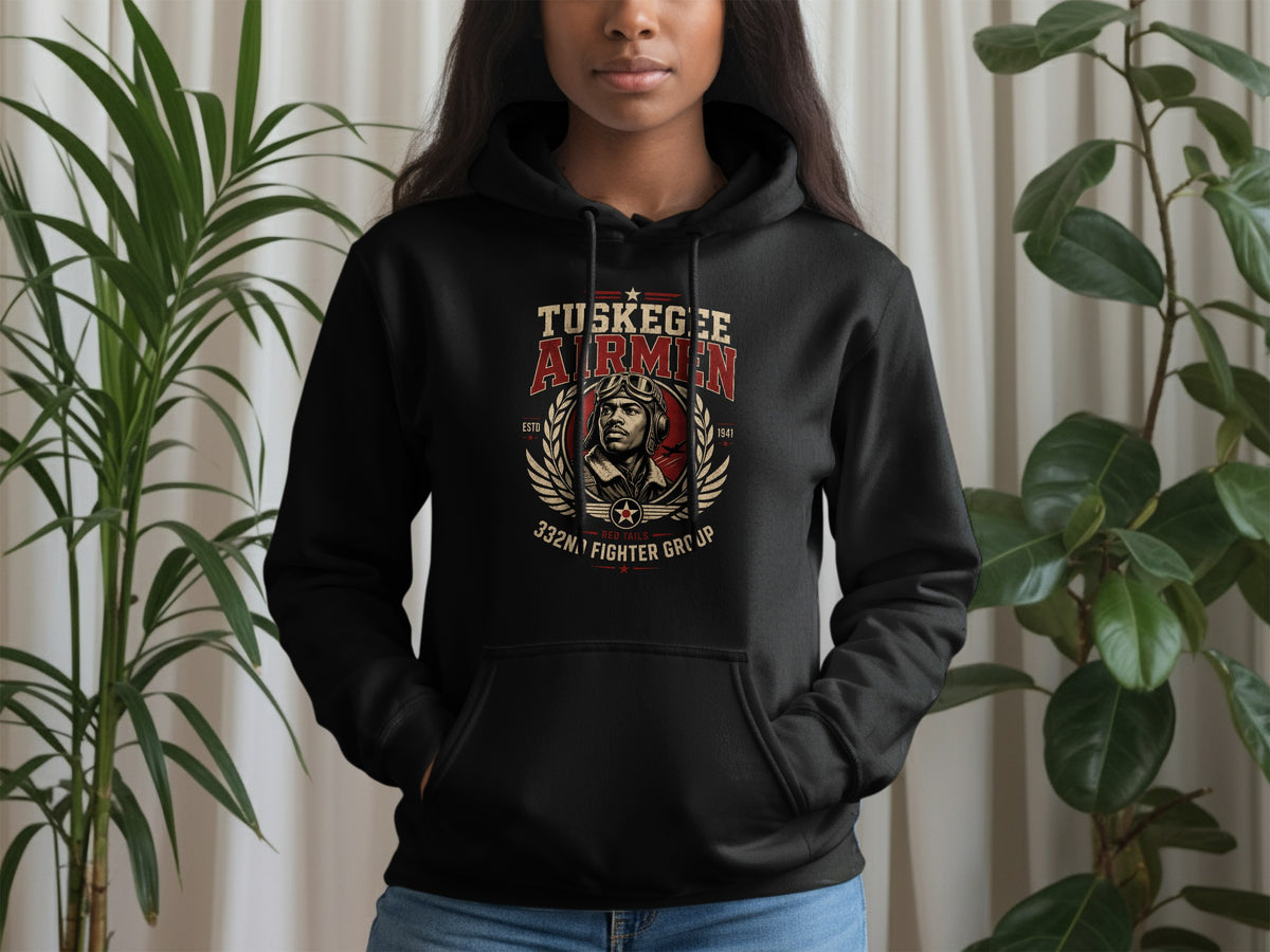 Black hoodie with Tuskegee Airmen 332nd Fighter Group graphic.
