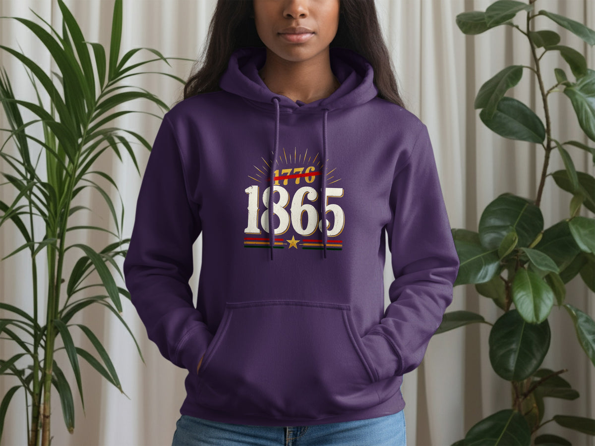 Purple hoodie with "1776" crossed out above "1865" and a star.