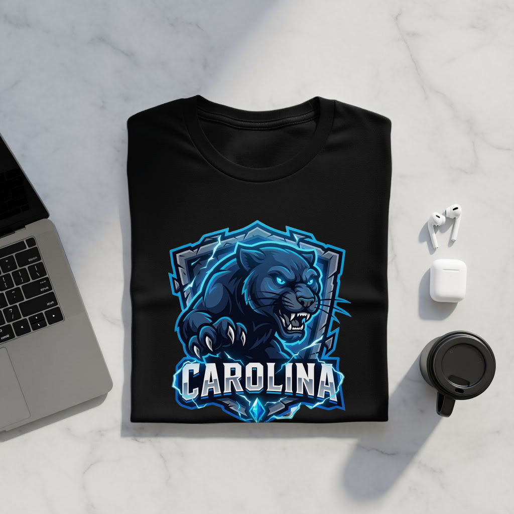Black t-shirt with a fierce panther logo and the word "CAROLINA".