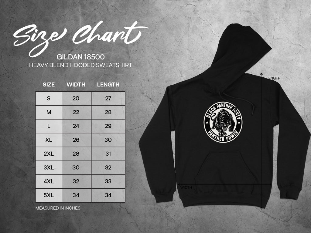 Gildan 18500 heavy blend hooded sweatshirt size chart in inches with width and length measurements.