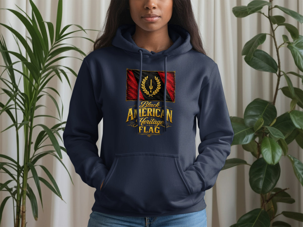 Navy hoodie with Black American Heritage Flag graphic and text.