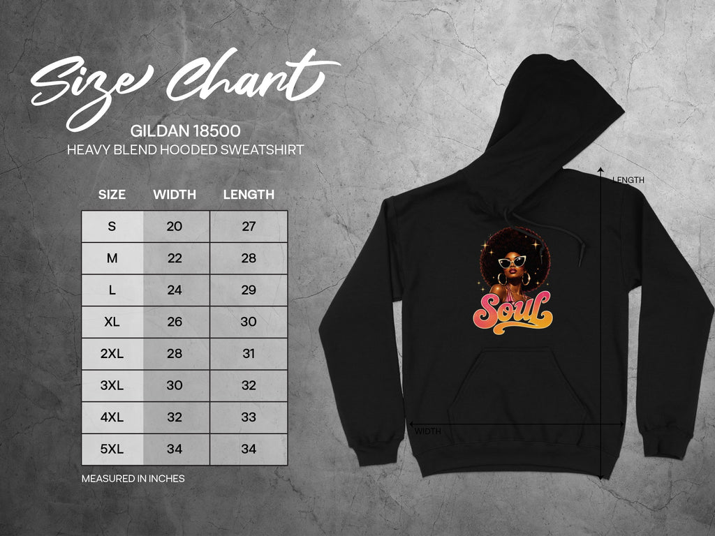 Gildan 18500 size chart for heavy blend hooded sweatshirt with dimensions in inches.