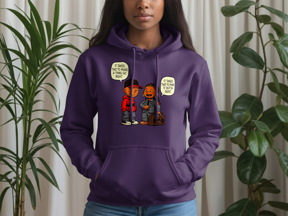 Purple hoodie with cartoon characters and speech bubbles reading "It takes two to make a thing go right."