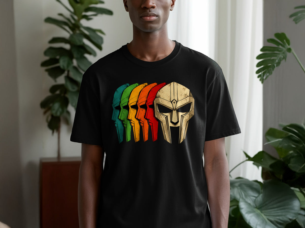 Black t-shirt with a graphic of retro-colored masks in profile.