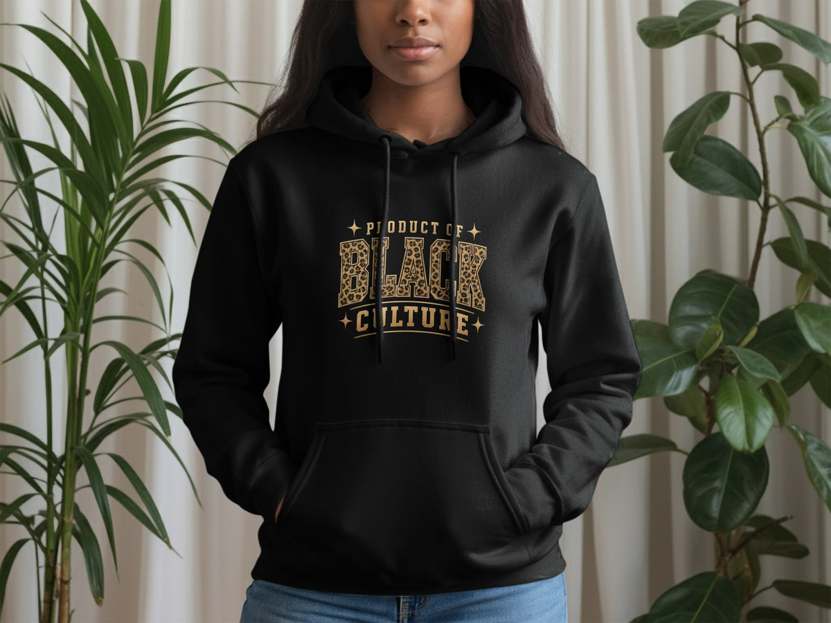 Black hoodie with "Product of Black Culture" text in gold leopard print.