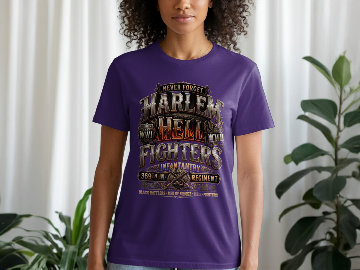 Purple t-shirt with "Harlem Hell Fighters 369th Infantry Regiment" text.
