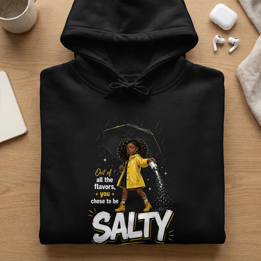 Black hoodie with graphic: girl under umbrella, salt shaker, and "Salty" text.