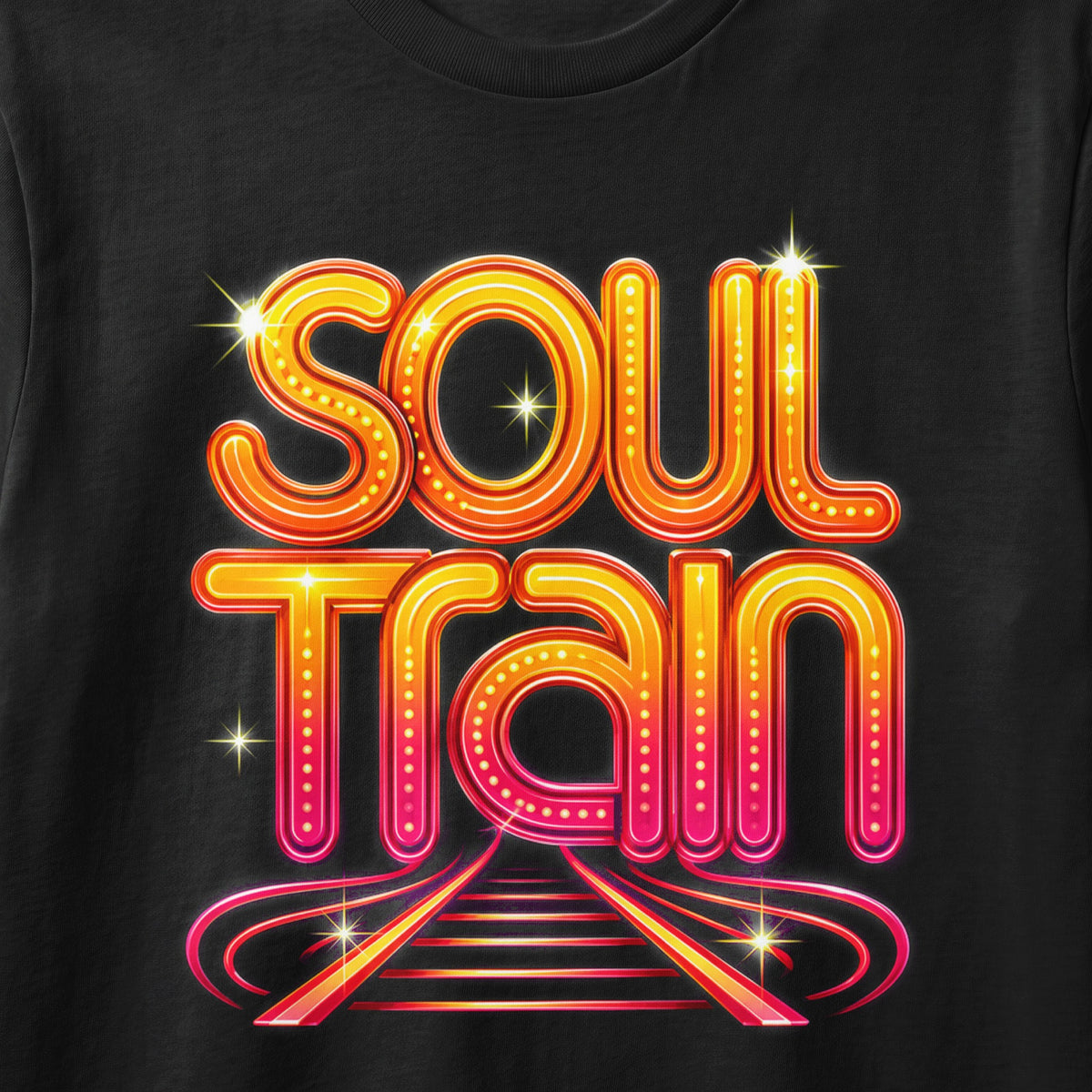 Soul Train logo with neon-style text and train tracks on a black background.