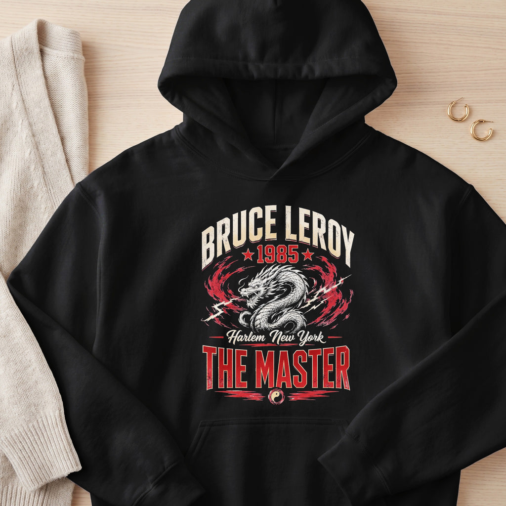 Black hoodie with "Bruce Leroy 1985 The Master" text and dragon design