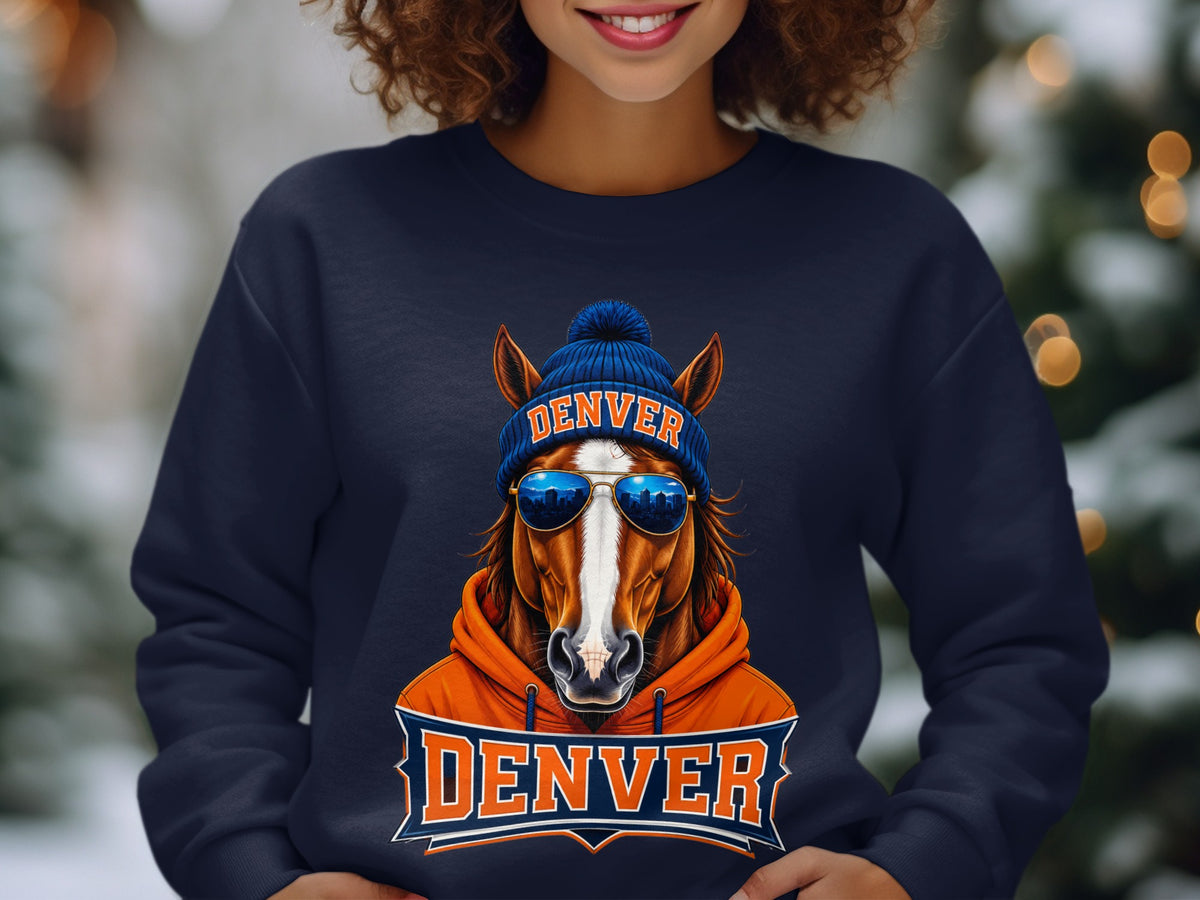 Horse wearing sunglasses and a beanie with "Denver" text, against a blurred background.