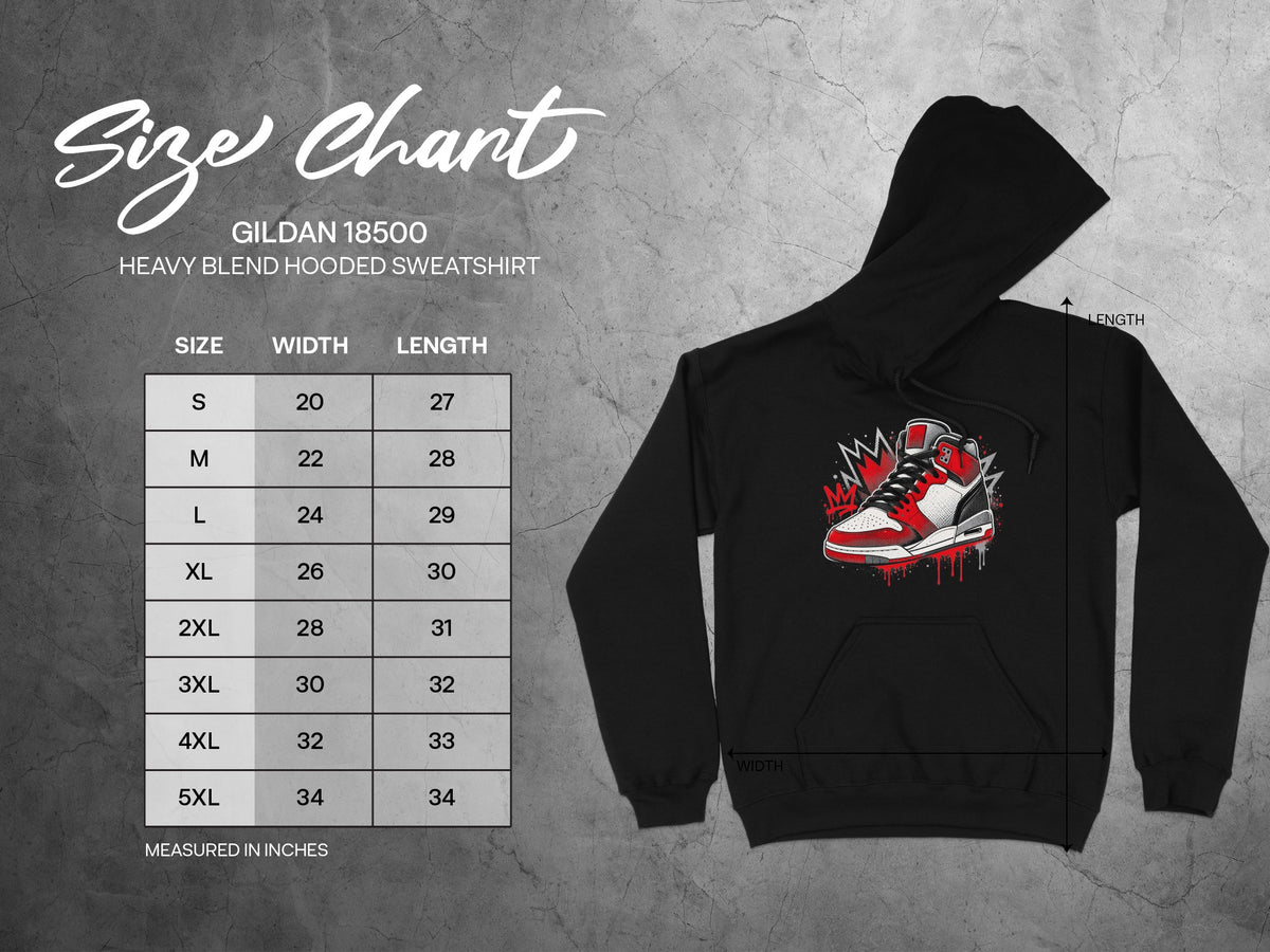 Gildan 18500 Heavy Blend hooded sweatshirt size chart with width and length measurements in inches.