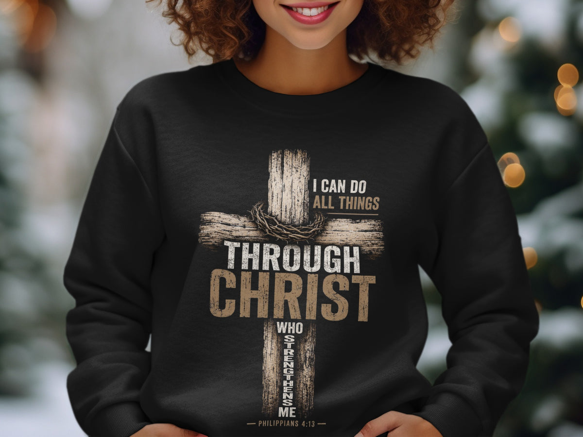 Black sweatshirt with distressed cross design and "I can do all things through Christ who strengthens me" text.