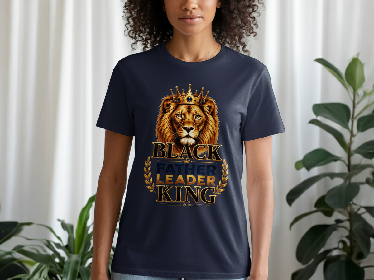 Dark blue t-shirt with a crowned lion graphic and text "Black Father Leader King".