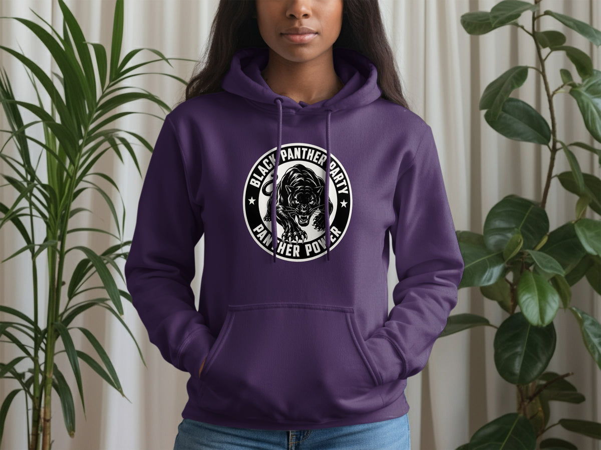 Purple hoodie with Black Panther Party Panther Power logo on chest.