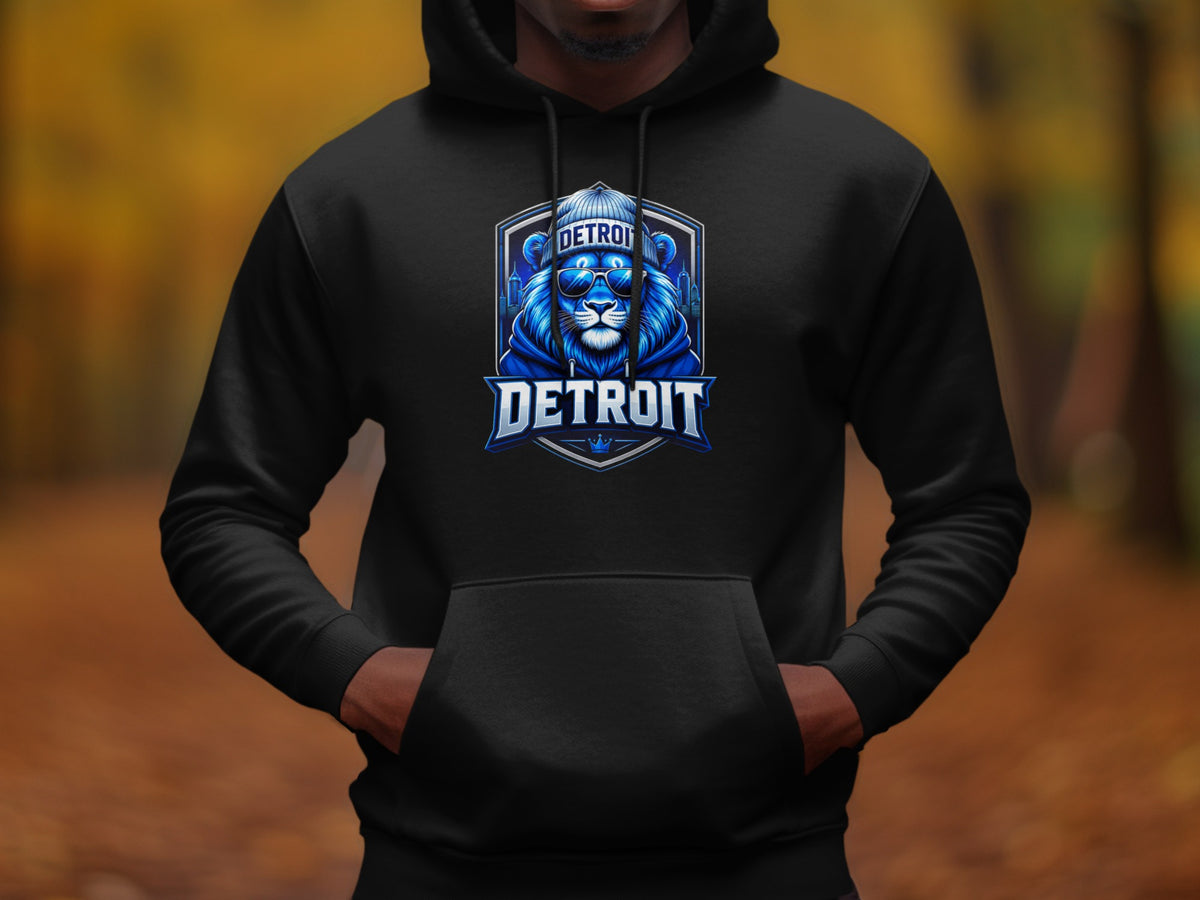 Black hoodie with a blue lion wearing sunglasses and a beanie, with "Detroit" text.