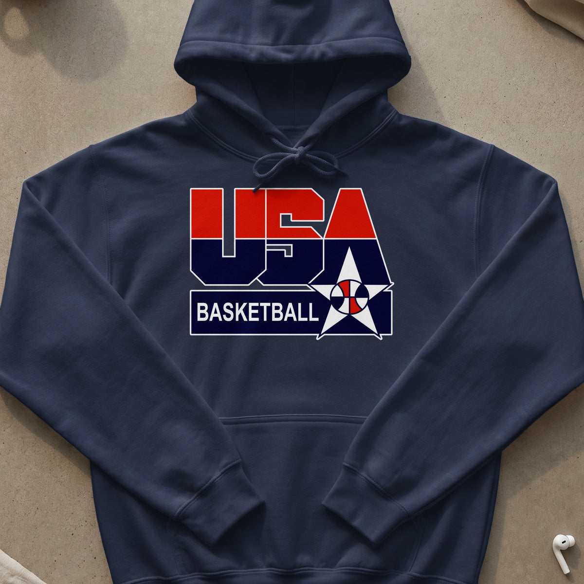 Navy hoodie with USA Basketball logo and a basketball graphic.