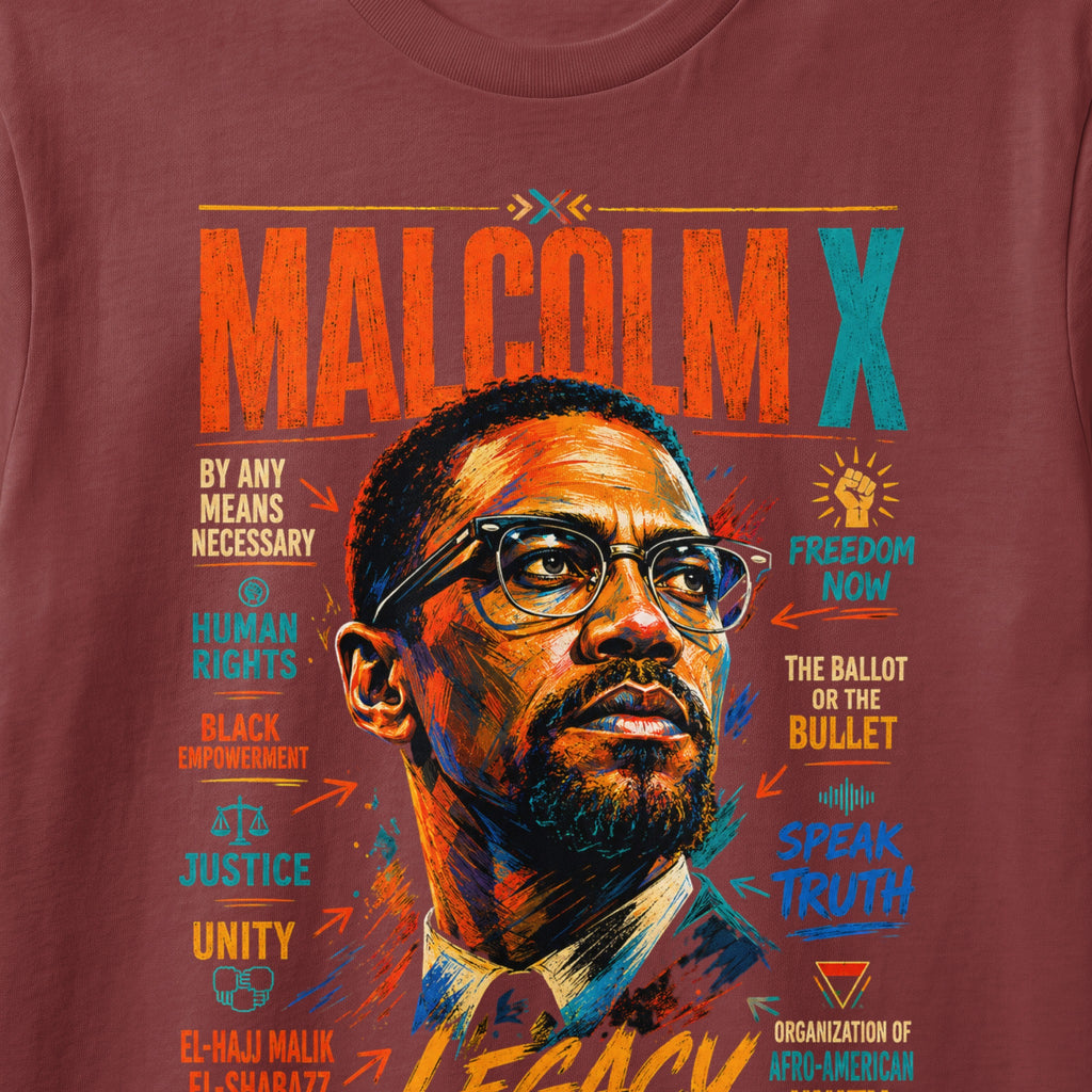 Malcolm X portrait with text: "By Any Means Necessary," "Freedom Now," "The Ballot or the Bullet," "Speak Truth."