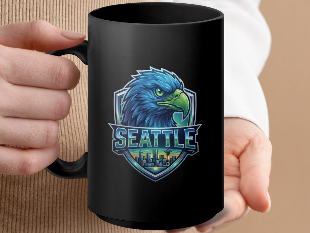 Black mug with Seattle eagle and skyline logo design.