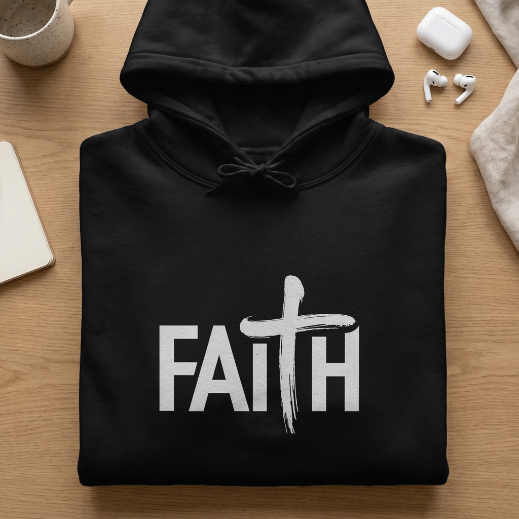 Black hoodie with white "FAITH" text and a cross symbol.
