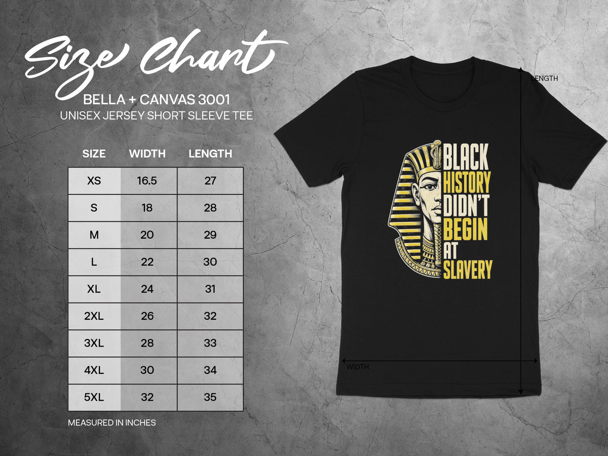 Black History Didn't Begin At Slavery graphic tee size chart.