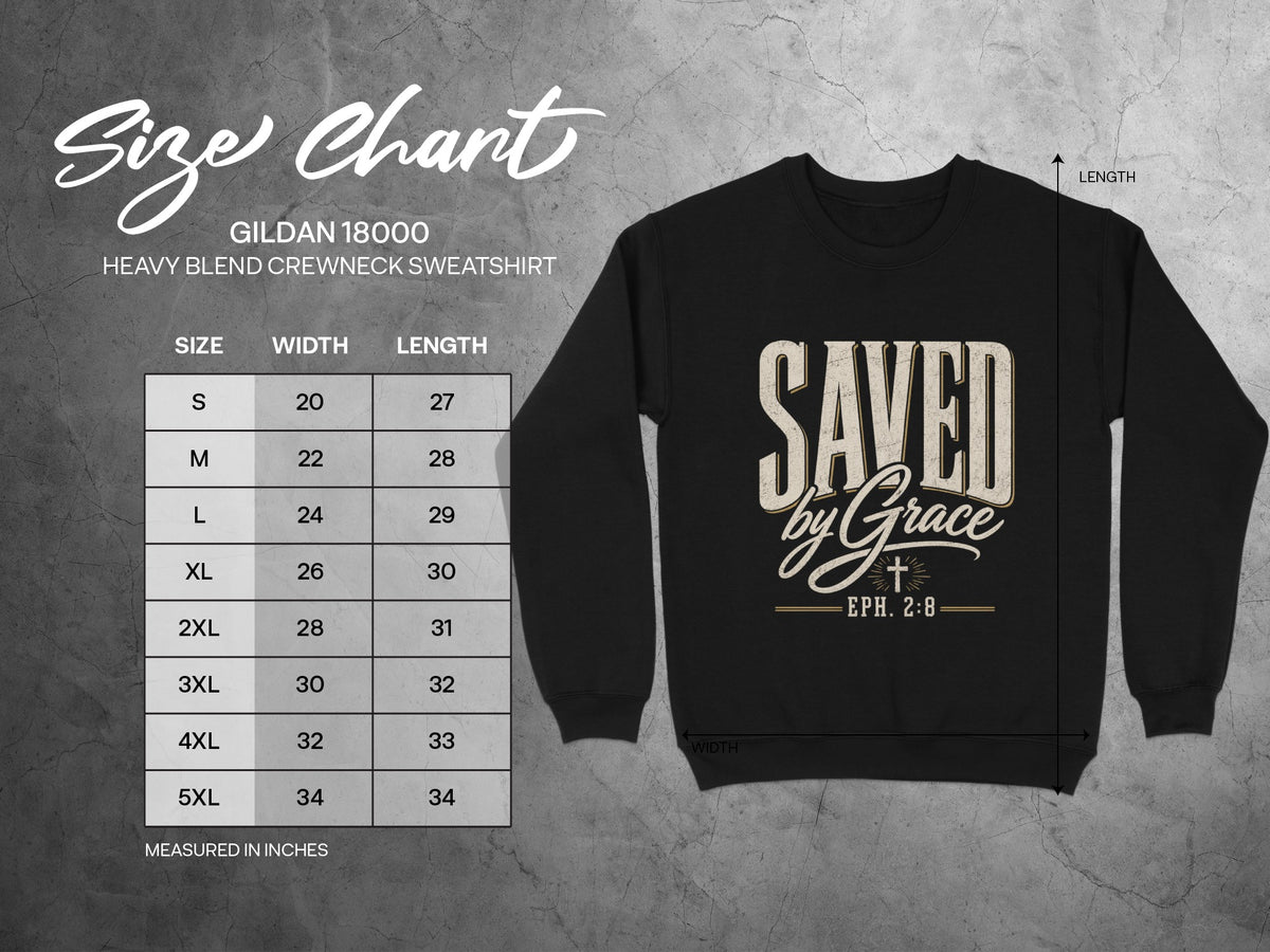 Gildan 18000 sweatshirt size chart with width and length measurements in inches.